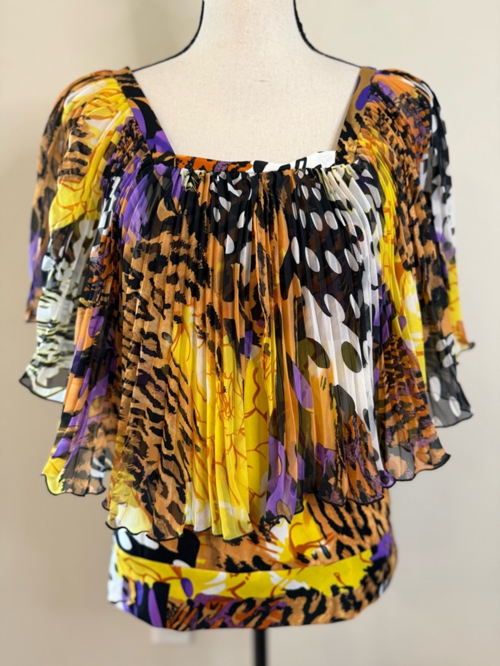 Madison Paige vibrant pleated wearable art top leopard polka dot SZ M